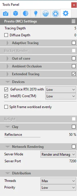 Thea's Presto settings with tracing depth, adaptive and extended tracing, devices and network rendering
