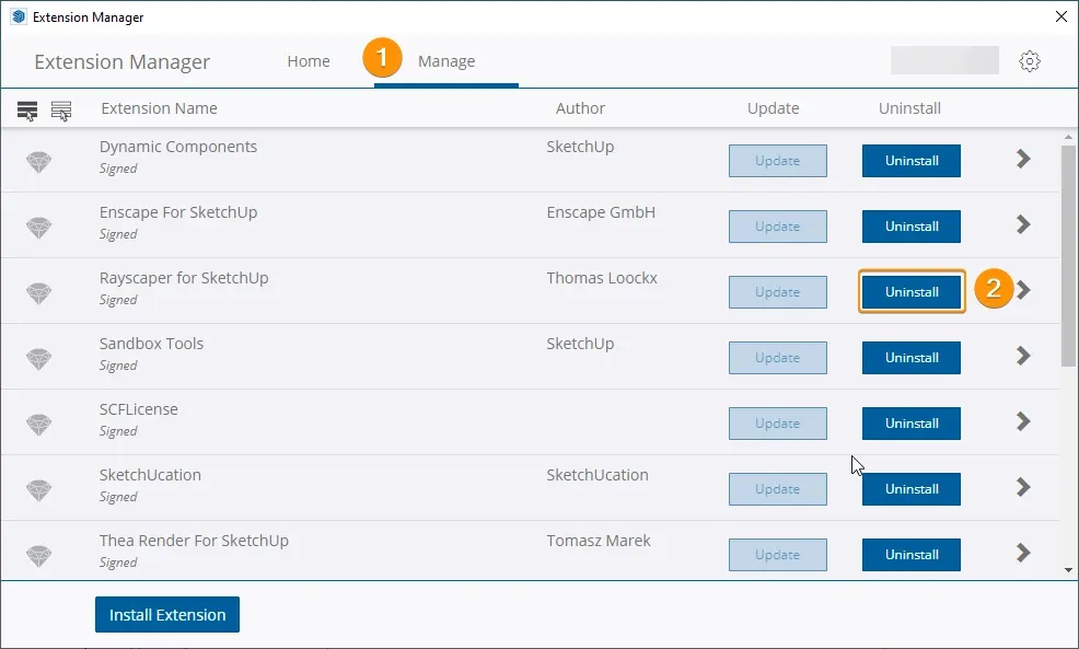Uninstall Rayscaper via the Manage tab of the SketchUp Extension Manager.