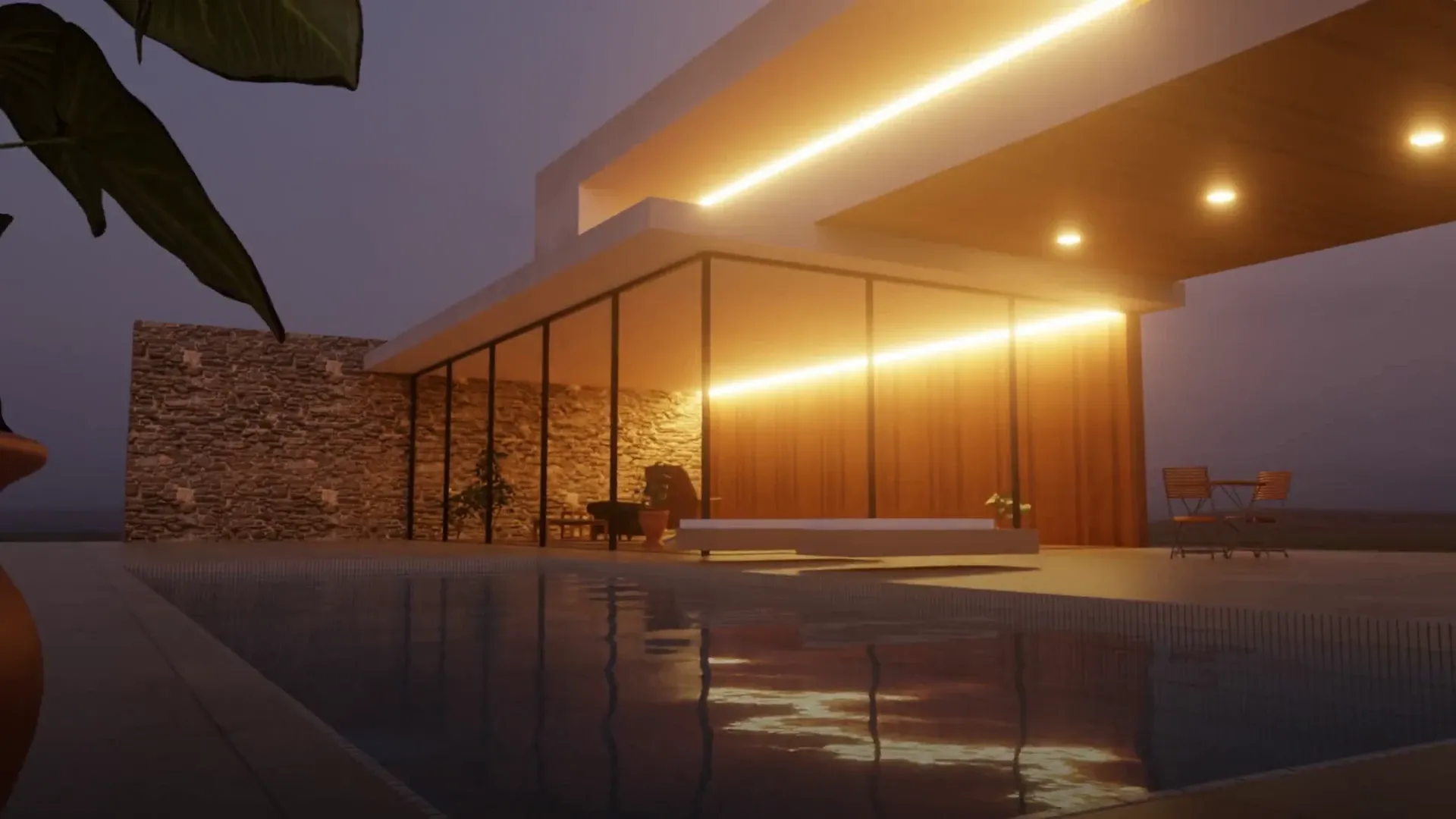 Modern villa with a pool at dusk, modelled in SketchUp and rendered with Rayscaper