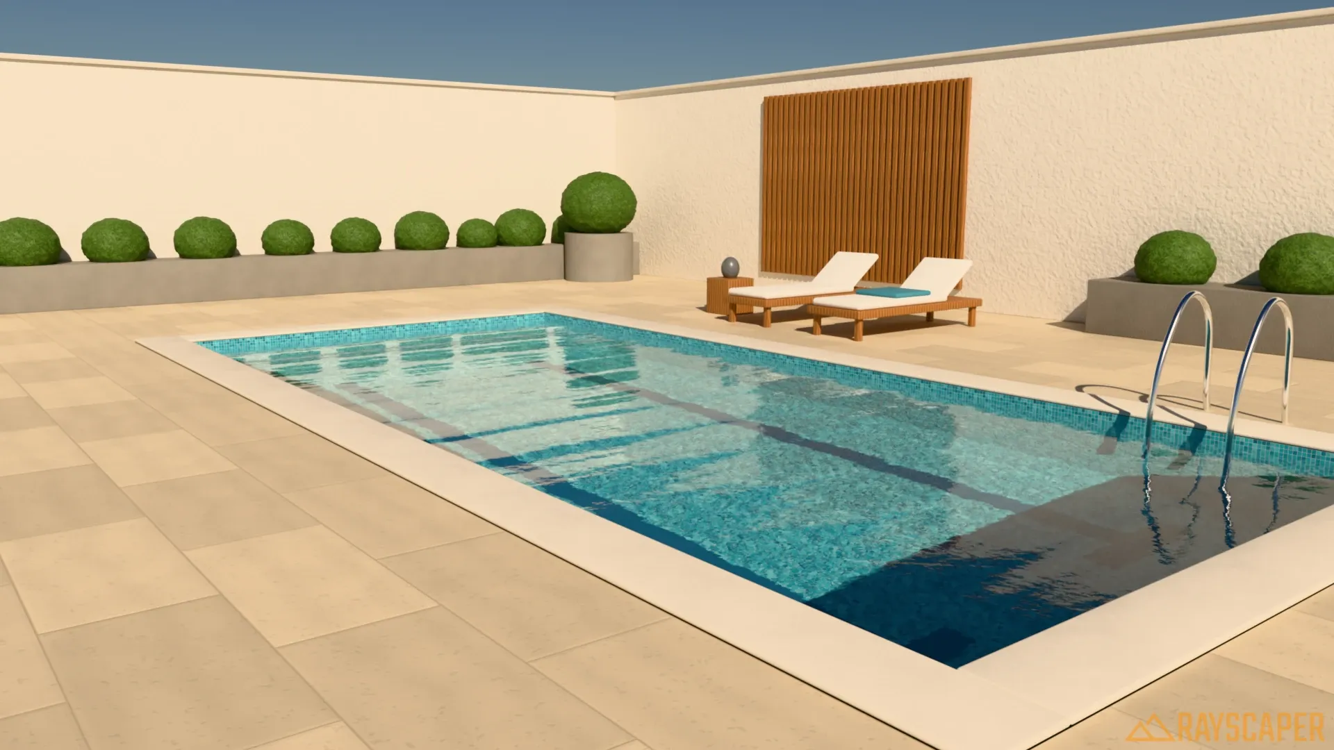 A courtyard swimming pool rendered with the Rayscaper Water material