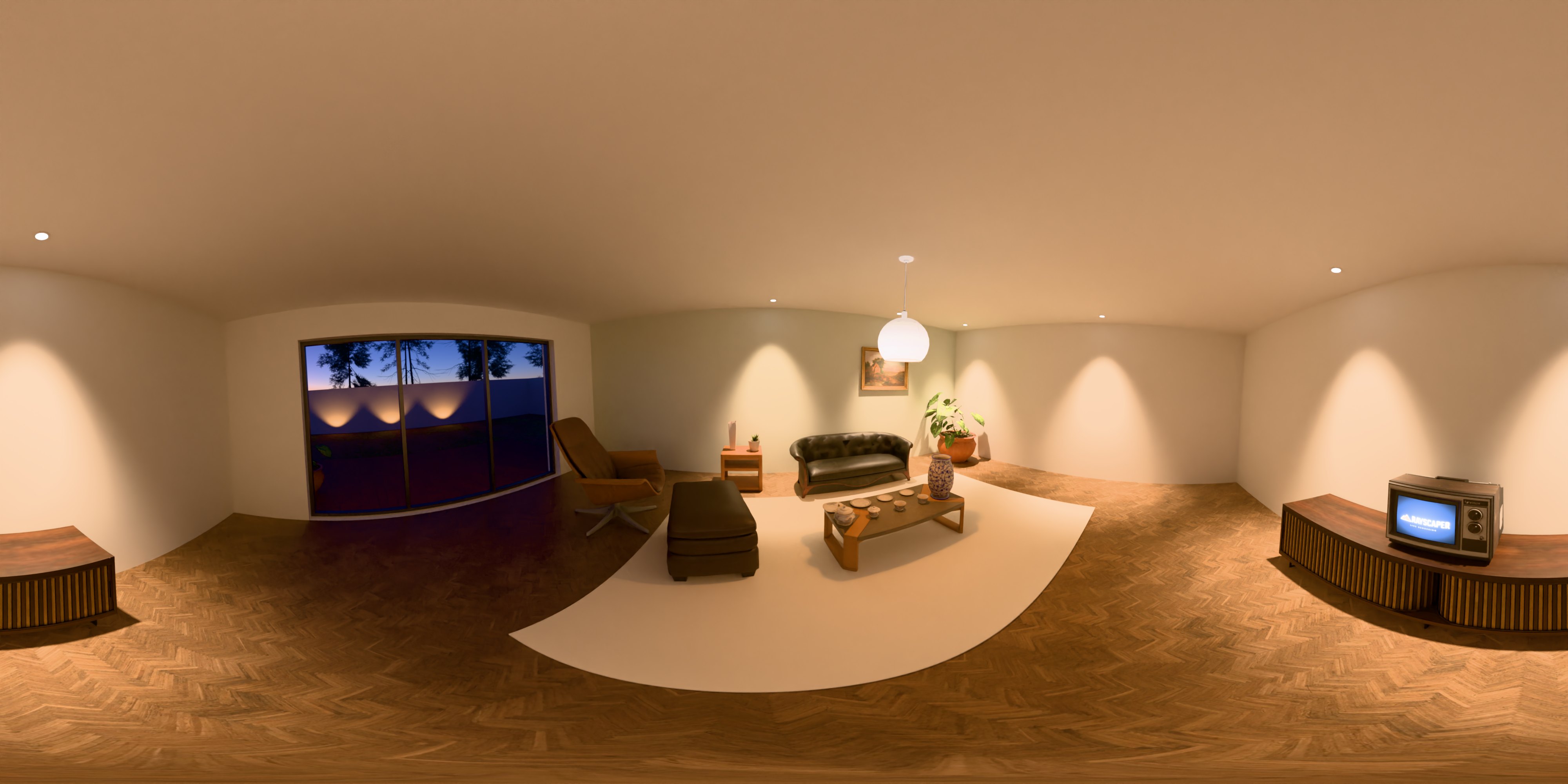A 360° panorama of a living room rendered with Rayscaper