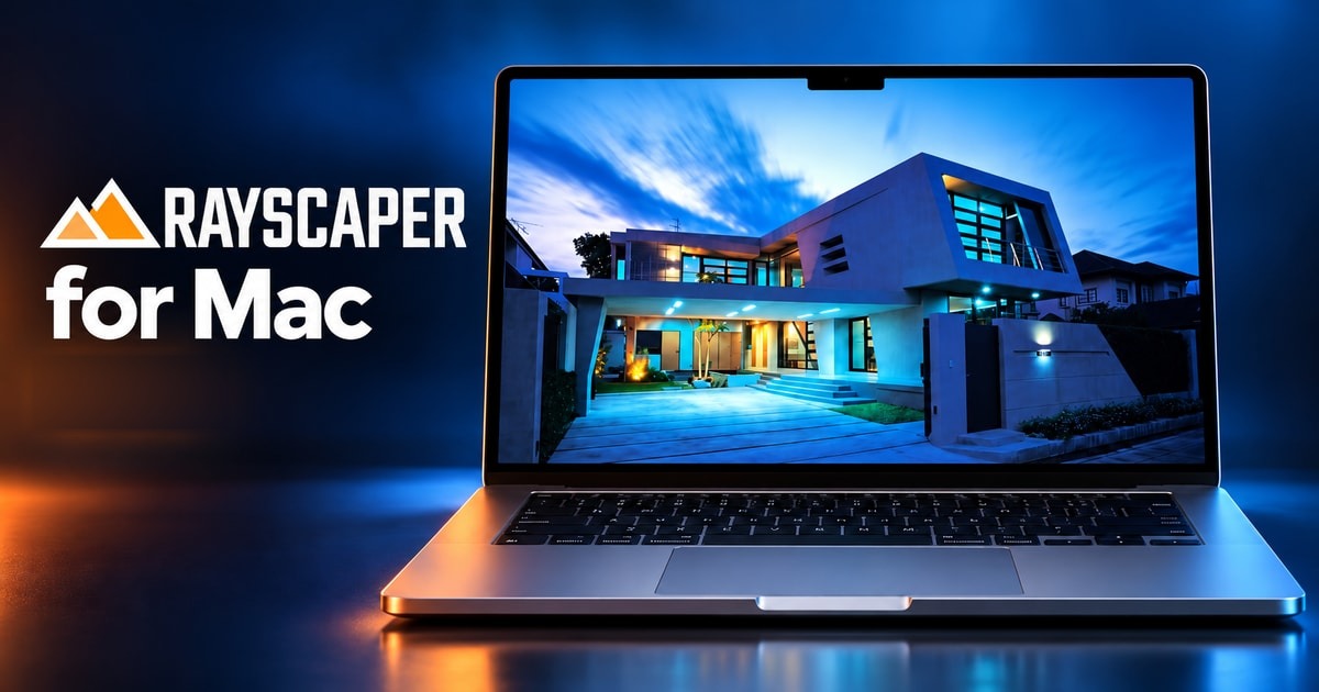 Rayscaper for Mac, with the Rayscaper logo and a MacBook Pro displaying a modern villa render at blue hour.